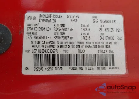 2003 Dodge Ram 1500 Slt/Laramie/St из США, поврежденный, VIN 1D7HU18D43S336771